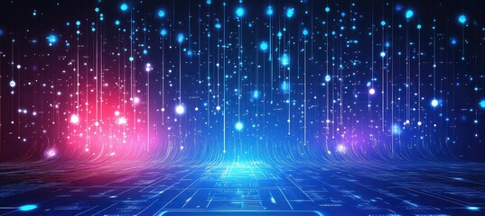 Abstract digital data stream; glowing lines and particles flow down into a glowing circuit board