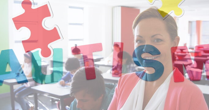 Image of autism text over diverse schoolchildren and teacher using tablet