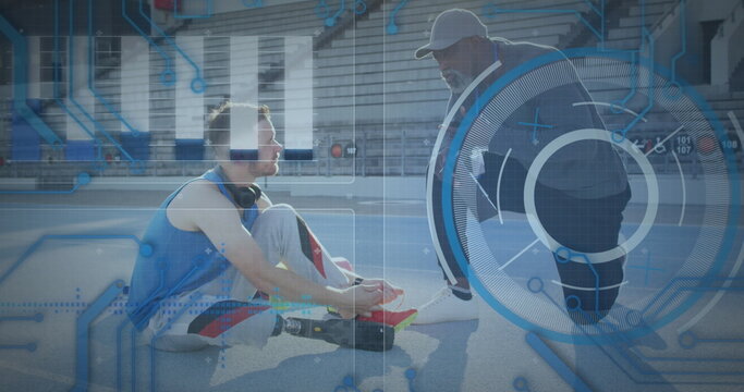 Image of data processing over disabled caucasian sportsman with coach