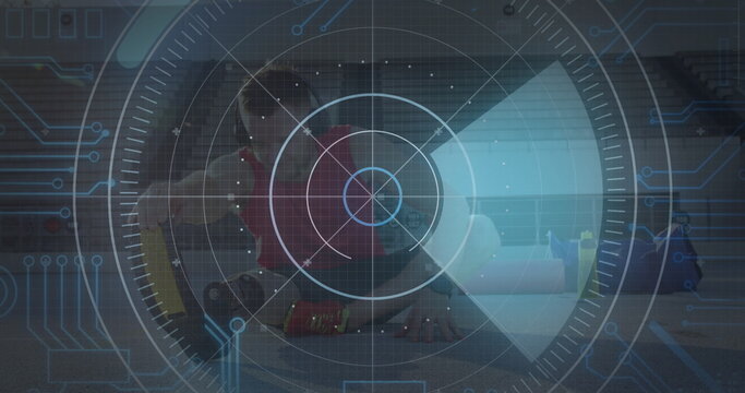 Image of data processing over disabled caucasian sportsman