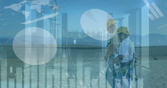 Image of data financial processing over windmill and workers