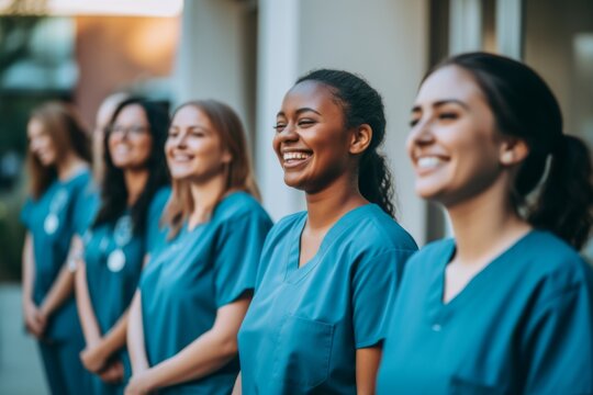 diverse group of smiling female nurses at training at college