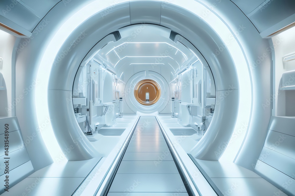 Poster 未来的な白い通路内装デザイン 円形ライトと金属要素が幾何学模様を作り出す 抽象的な光のトンネル