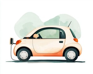 Obraz premium Retrostyled electric car as part of a modern carsharing fleet, vintage meets future, Watercolor style