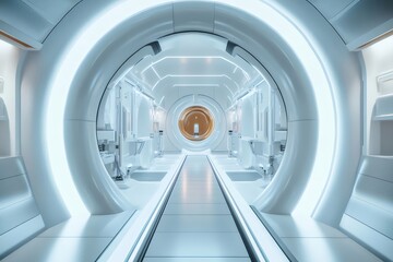 未来的な白い通路内装デザイン 円形ライトと金属要素が幾何学模様を作り出す 抽象的な光のトンネル