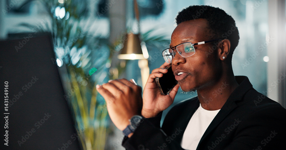 Poster Night, black man and consultant with computer, phone call and ideas for agency and online solution. Person, evening and employee with technology, problem solving or planning with internet or project