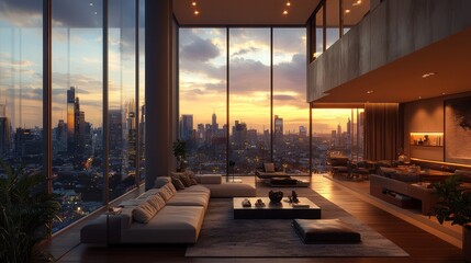 Fototapeta premium Luxury Penthouse Apartment with Stunning City Sunset Views