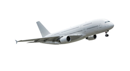 Large, white aircraft ascends against a black background, wheels retracting