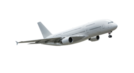 Large, white aircraft ascends against a black background, wheels retracting