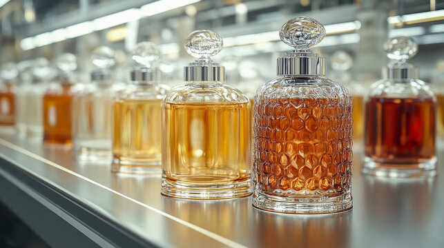 Close-up of elegant perfume bottles arranged in a row on a modern factory conveyor line, showcasing transparent glass design with various liquid colors
