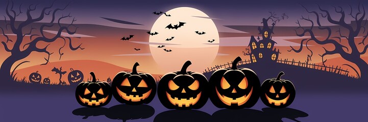 Spooky Halloween Night with Glowing Jack-o'-Lanterns a Haunted House on a Hill, and Bats Flying Under a Twilight Sky Framed by Barren Trees, Capturing the Mysterious and Festive Spirit of the Holiday