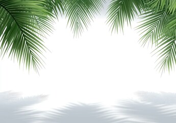 Fototapeta premium Lush green palm fronds frame a white background, casting soft shadows below