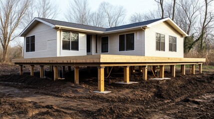 Ranch house under construction on elevated foundation.