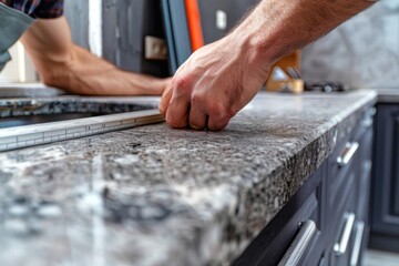 Hands measuring granite in the kitchen