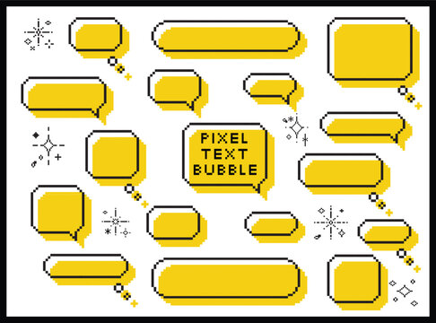 Cute pixel dialog text speech bubble isolated vector element illustration set. Speech talking thinking box. Dialogue cloud. 8 bit. For game development, mobile app, scrapbook, graphic, social media