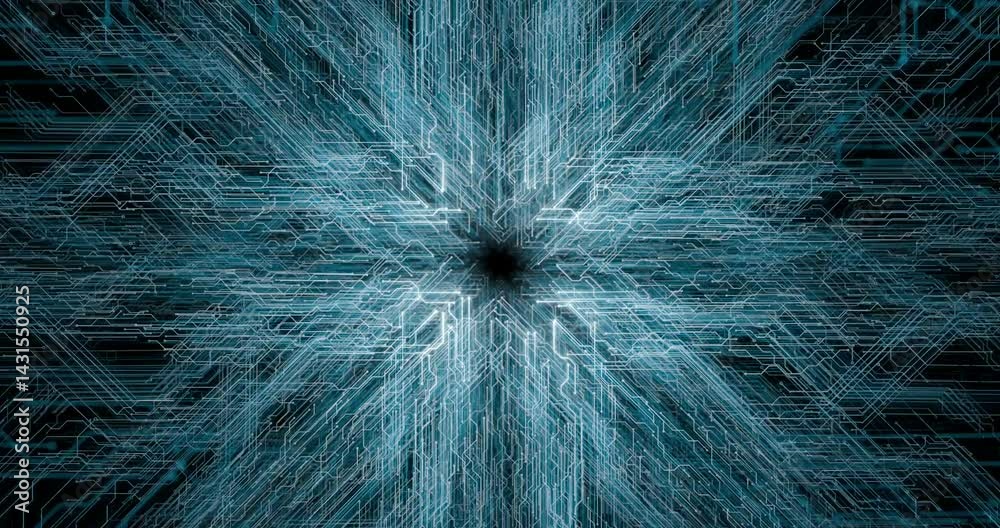 Poster glowing blue tech circuit lines form a tunnel-like data stream converging in a cyber network web of 