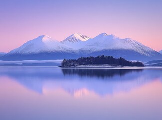 Serene sunrise over snow-capped mountains reflecting in calm lake waters, small island in foreground