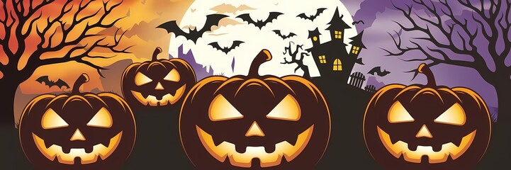 Naklejka premium Spooky Halloween Night with Glowing Jack-o'-Lanterns a Haunted House on a Hill, and Bats Flying Under a Twilight Sky Framed by Barren Trees, Capturing the Mysterious and Festive Spirit of the Holiday