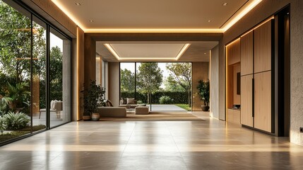 Obraz premium Modern open-plan living area with garden view