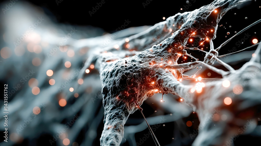 Poster abstract visualization of neural connections with glowing points of light in an organic, web-like st