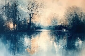 A serene, muted landscape painting of a tranquil woodland lake.