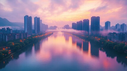 Obraz premium Misty city river sunrise