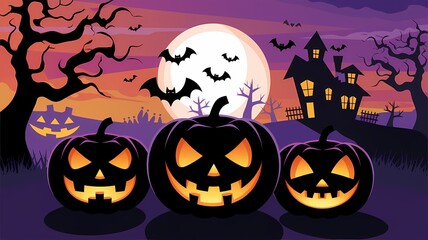 Spooky Halloween Night with Glowing Jack-o'-Lanterns a Haunted House on a Hill, and Bats Flying Under a Twilight Sky Framed by Barren Trees, Capturing the Mysterious and Festive Spirit of the Holiday