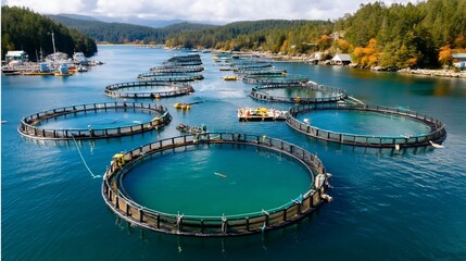 Circular aquaculture cages in tranquil water with forest in background on a sunny day
