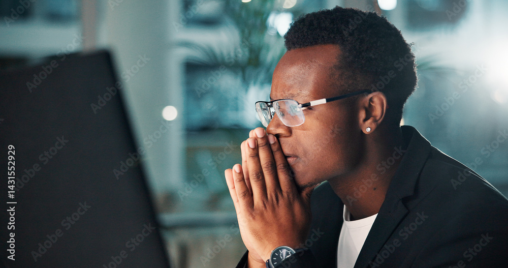 Aufkleber night, black man and consultant with computer, thinking and ideas for agency and online solution. pe