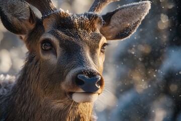 Fototapeta premium Close up of a deer in winter with snow on its fur and antlers looking at the camera in the forest