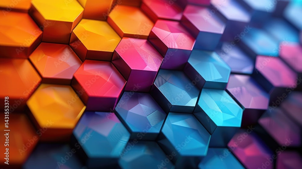 Poster close up of hexagonal blocks in a colorful abstract arrangement. 3d geometric design for digital art