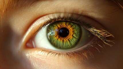 Obraz premium Close-up of a green and gold human eye with detailed iris and eyelashes