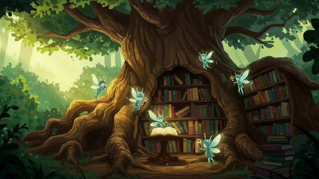Animated Digital Illustration of Magical Fairies Surrounding a Library Inside a Giant Tree in Lush Green Forest