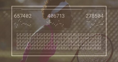 female tennis player swinging racket on court, with floating HUD overlay showing sports data - Powered by Adobe