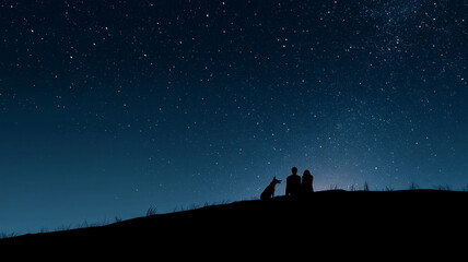 silhouette of a couple with a dog under the moon