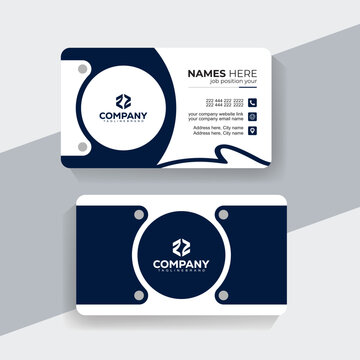Navy Blue and White Business Card Vector Template with Flat Design. Luxury business card design featuring navy blue background with white details.