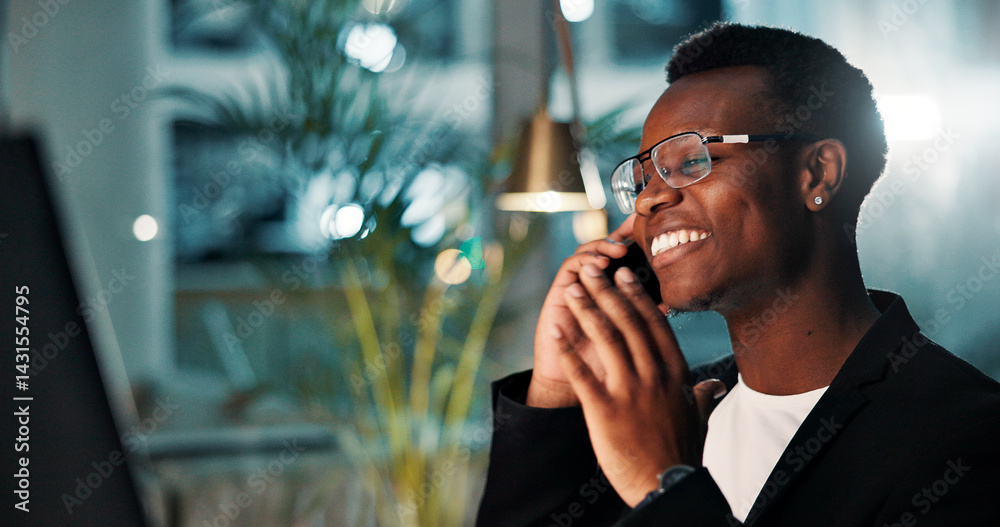 Poster night, black man and phone call with computer, smile and ideas for agency and online solution. perso