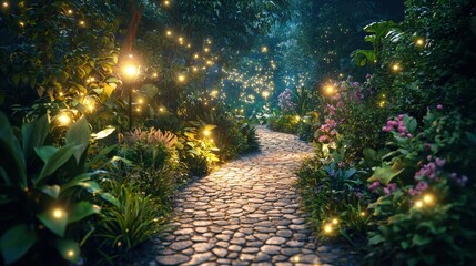 Fototapeta premium Enchanted Pathway Through Lush Greenery with Magical Fireflies