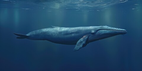 Obraz premium The picture of the blue whale is swimming in the ocean with the bright light of the sun, blue whale is the largest mammal animal known to have ever existed, both in terms of length and weight. AIG51.