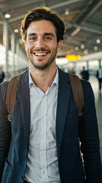 Cheerful business traveler strolling through modern airport terminal with luggage