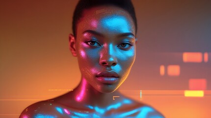 Futuristic portrait of young african american woman with neon light