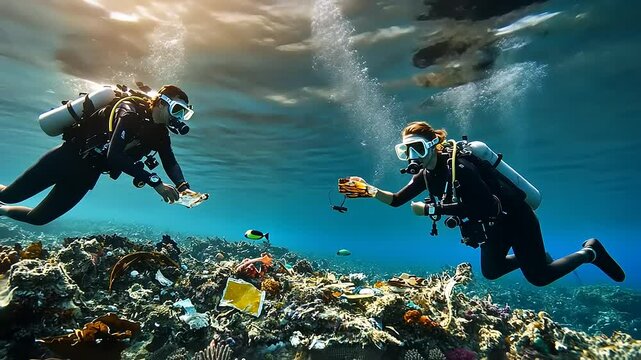 Two divers exploring a vibrant coral reef while documenting marine life underwater