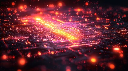 Fototapeta premium Abstract digital landscape with glowing circuits and particles in vibrant colors