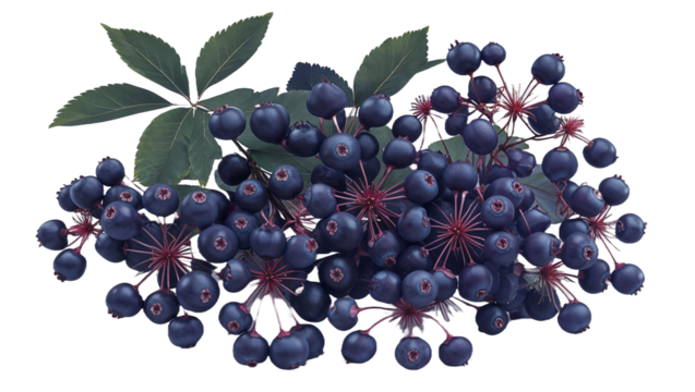 Aralia nudicaulis wild sarsaparilla berries and leaves isolated on black background