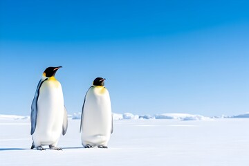 Naklejka premium Two penguins standing on a snowy plain with a blue sky