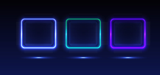 Colorful neon lights flashing in green, blue, white, pink, and violet on an abstract background. Circle ,rectangle, hexagon different shapes background vector design. Background with glowing swirls o