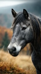 Obraz premium Beautiful gray horse stands gracefully in a serene autumn landscape with golden grass and misty mountains in the background