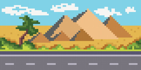 Road for cars, bushes, desert with pyramids and sky with clouds. Background. Horizontal seamless pattern. Pixel art texture. Vector.