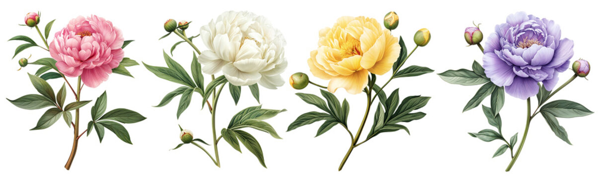 High-Resolution Vintage Watercolor Illustration of White, Pink, and Yellow Peonies with Green Leaves on Long Stems &ndash; Hyper-Realistic and Highly Detailed
