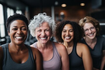 Fototapeta premium Portrait of smiling group of body positive senior diverse female in gym